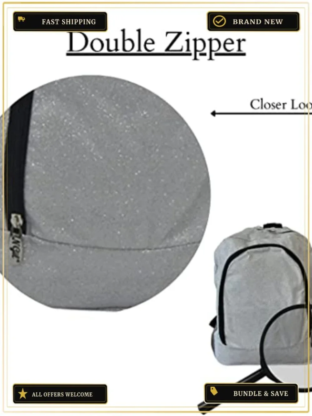 Canvas School Backpack with Glitter Foldable Lightweight Adjustable Straps for